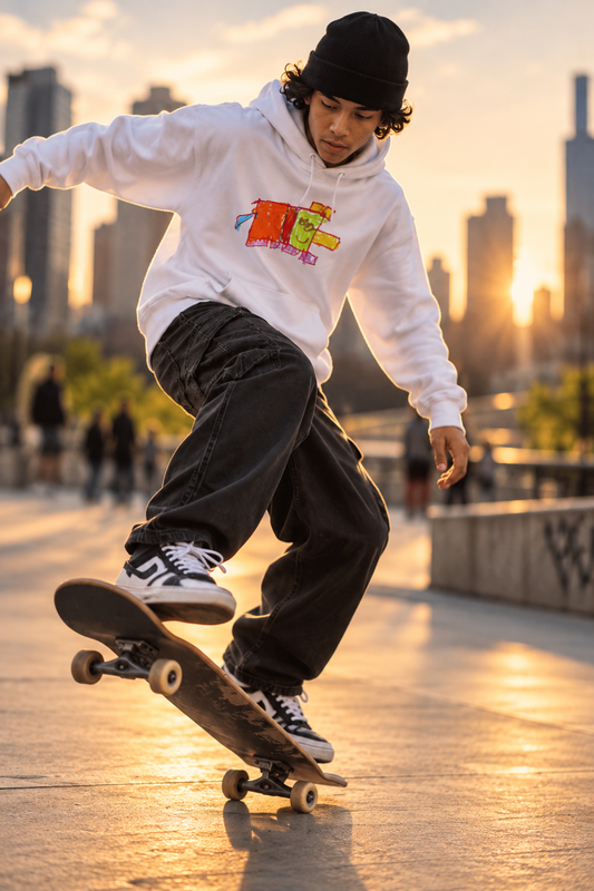 Young adult skateboarding in a white Block Builder hoodie featuring colorful minecraft inspired artwork.
