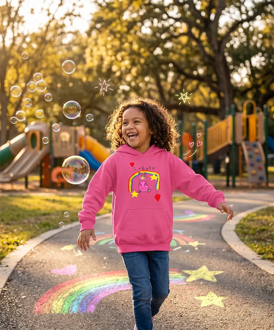 Front view of a child running on a park path wearing a bright pink hooded sweatshirt with a visible colorful character, stars, and hearts graphic print.