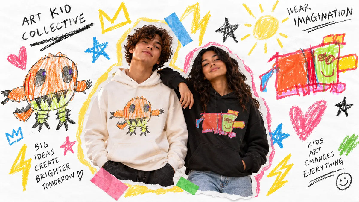 Young adults wearing Art Kid Collective hoodies featuring original kids’ artwork in a playful scrapbook collage.