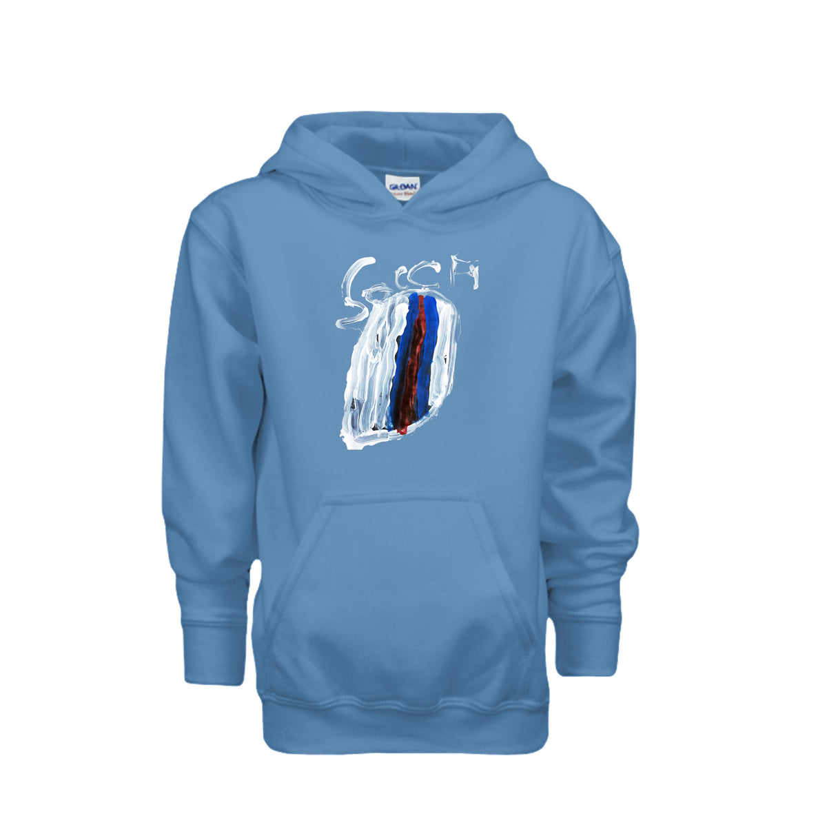 Carolina blue kids soccer hoodie with original child-drawn soccer artwork, front view