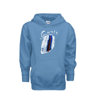 Carolina blue kids soccer hoodie with original child-drawn soccer artwork, front view