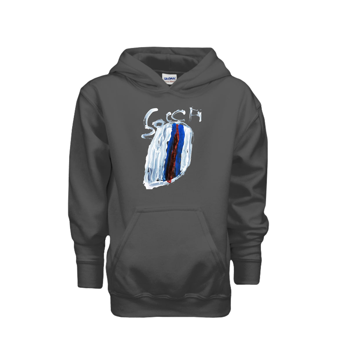 Charcoal kids soccer hoodie with original child-drawn soccer artwork, front view