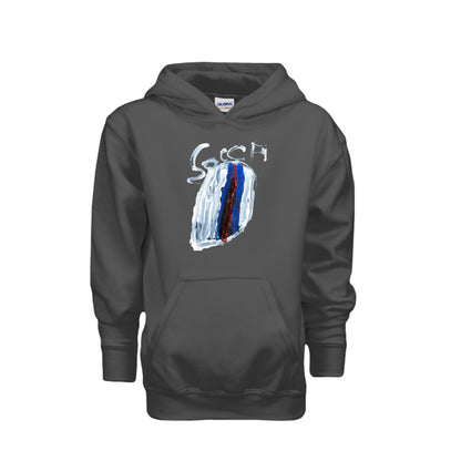 Charcoal kids soccer hoodie with original child-drawn soccer artwork, front view