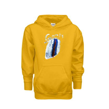 Gold kids soccer hoodie with original child-drawn soccer artwork, front view