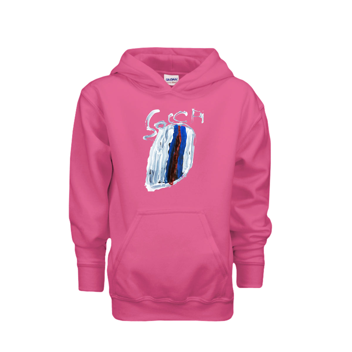 Heliconia kids soccer hoodie with original child-drawn soccer artwork, front view
