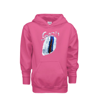 Heliconia kids soccer hoodie with original child-drawn soccer artwork, front view