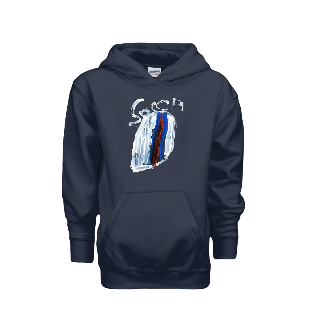Navy kids soccer hoodie with original child-drawn soccer artwork, front view