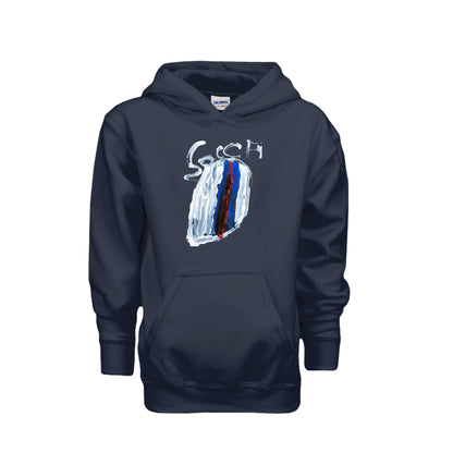 Navy kids soccer hoodie with original child-drawn soccer artwork, front view