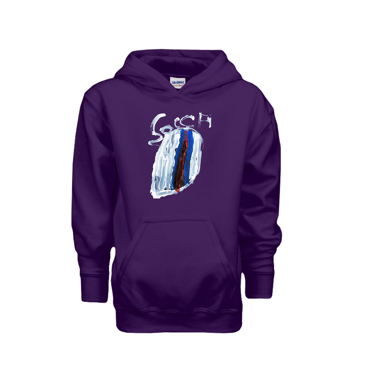 Purple kids soccer hoodie with original child-drawn soccer artwork, front view