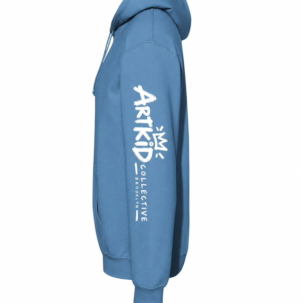 Carolina blue kids soccer hoodie left sleeve with Art Kid Collective Brooklyn logo