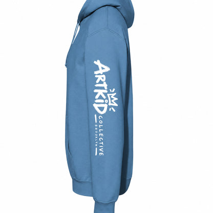 Carolina blue kids soccer hoodie left sleeve with Art Kid Collective Brooklyn logo