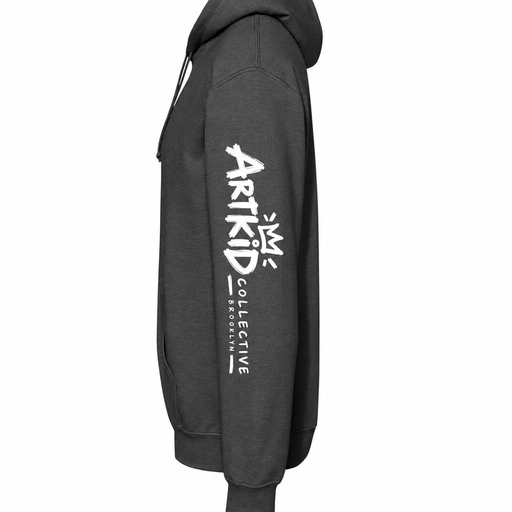 Charcoal kids soccer hoodie left sleeve with Art Kid Collective Brooklyn logo