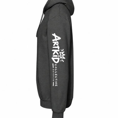 Charcoal kids soccer hoodie left sleeve with Art Kid Collective Brooklyn logo
