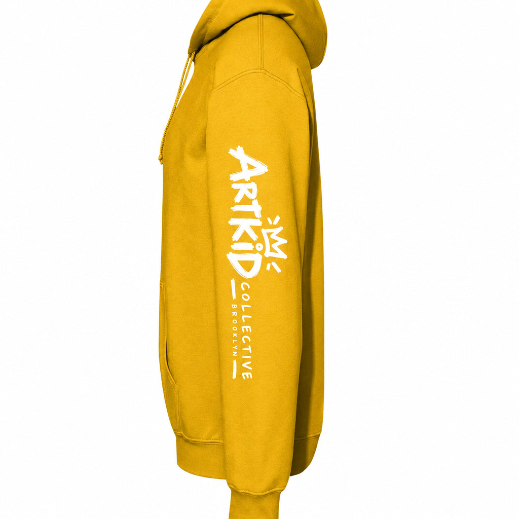 Gold kids soccer hoodie left sleeve with Art Kid Collective Brooklyn logo