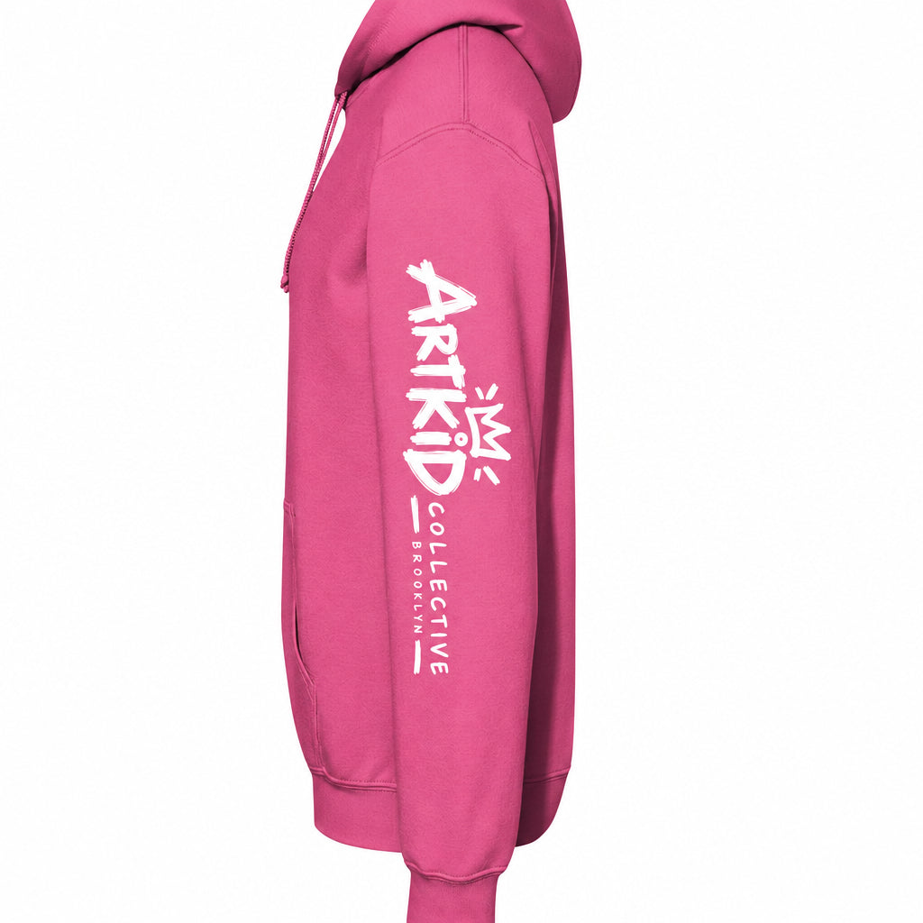 Heliconia kids soccer hoodie left sleeve with Art Kid Collective Brooklyn logo