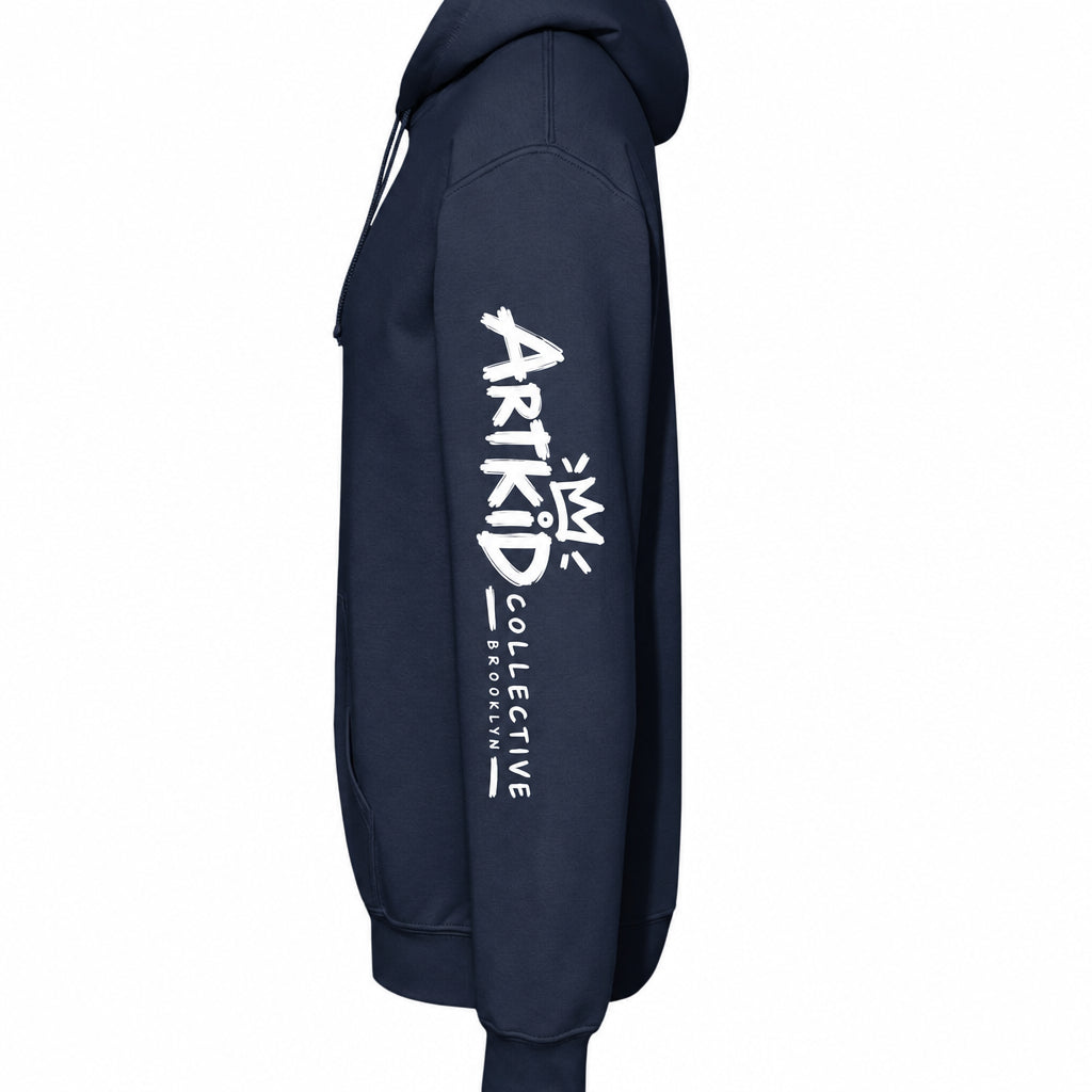 Navy kids soccer hoodie left sleeve with Art Kid Collective Brooklyn logo