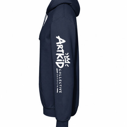 Navy kids soccer hoodie left sleeve with Art Kid Collective Brooklyn logo