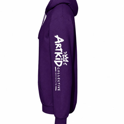 Purple kids soccer hoodie left sleeve with Art Kid Collective Brooklyn logo