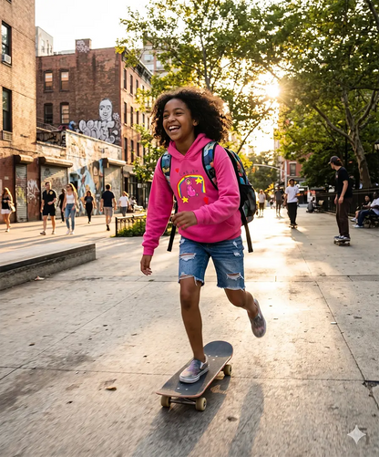 Child skateboarding on a city street with buildings and trees in the background